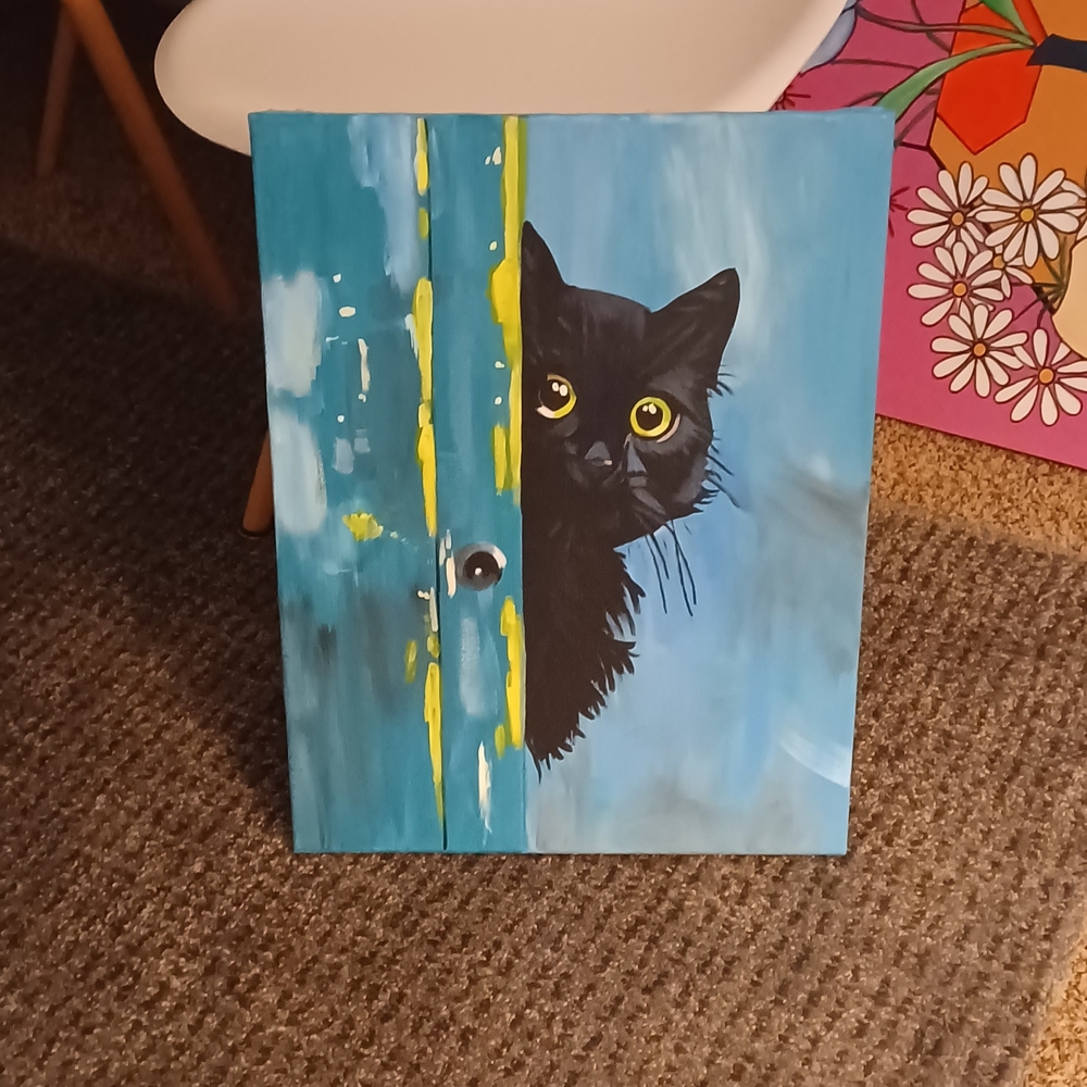 Original Acrylic Black Cat Canvas Art with Blue and Yellow Accents